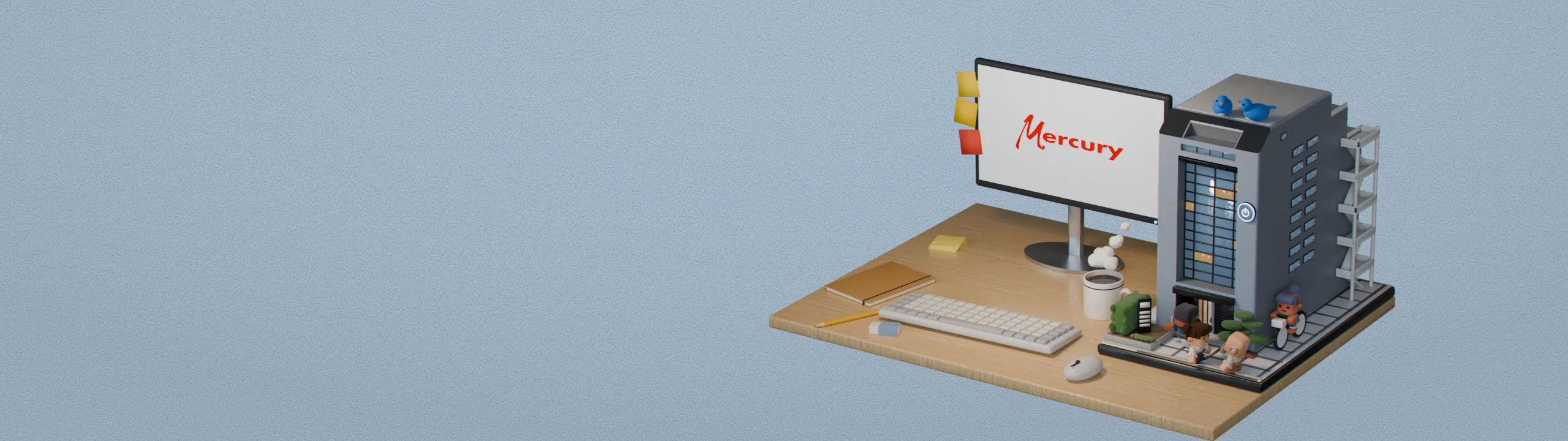机の上に、Mercury のロゴが映るモニタと、本社が入っているビルの模型が置かれた絵